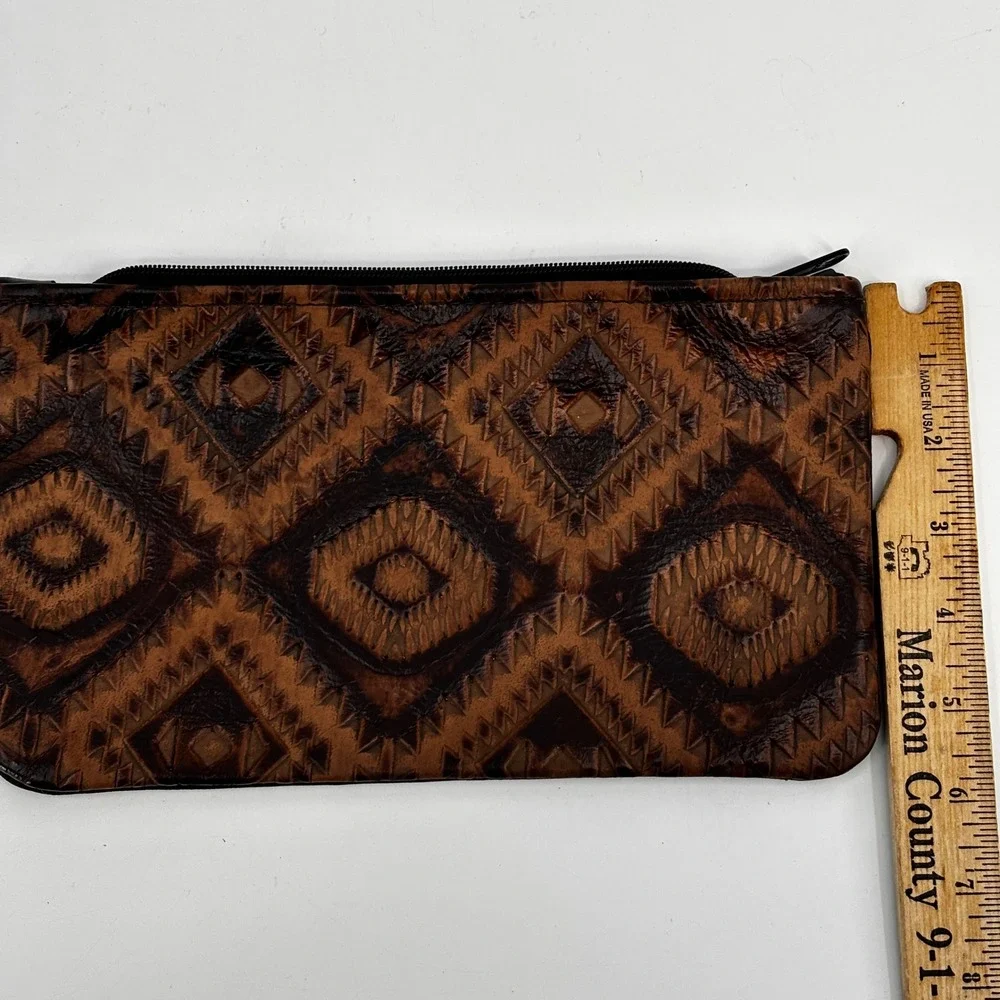 Hide Junkie Wristlet Women Brown Aztec Tooled Leather Zip Clutch Made in USA